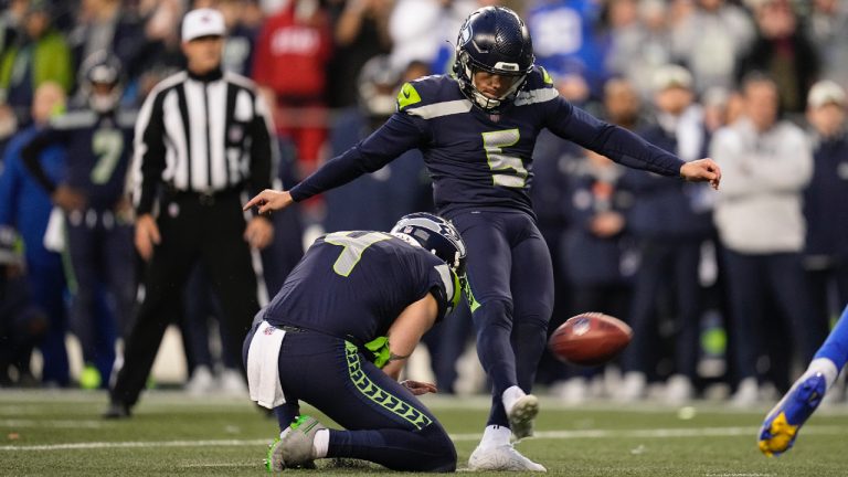 Seattle Seahawks place kicker Jason Myers (5) makes the game-winning field goal during overtime of an NFL football game Los Angeles Rams Sunday, Jan. 8, 2023, in Seattle. (Abbie Parr/AP)