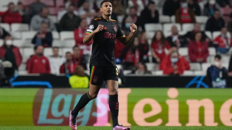 Ajax's Sebastien Haller celebrates after scoring his side's second goal during the Champions League round of 16, first leg, soccer match between Benfica and Ajax at the Luz stadium in Lisbon, Wednesday, Feb. 23, 2022. (Armando Franca/AP)