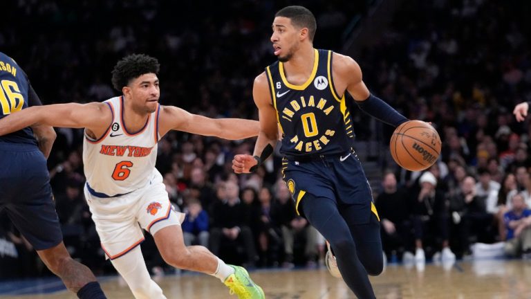 Indiana Pacers guard Tyrese Haliburton (0) drives against New York Knicks guard Quentin Grimes (6) in the first half of an NBA basketball game, Wednesday, Jan. 11, 2023, at Madison Square Garden in New York. (Mary Altaffer/AP)