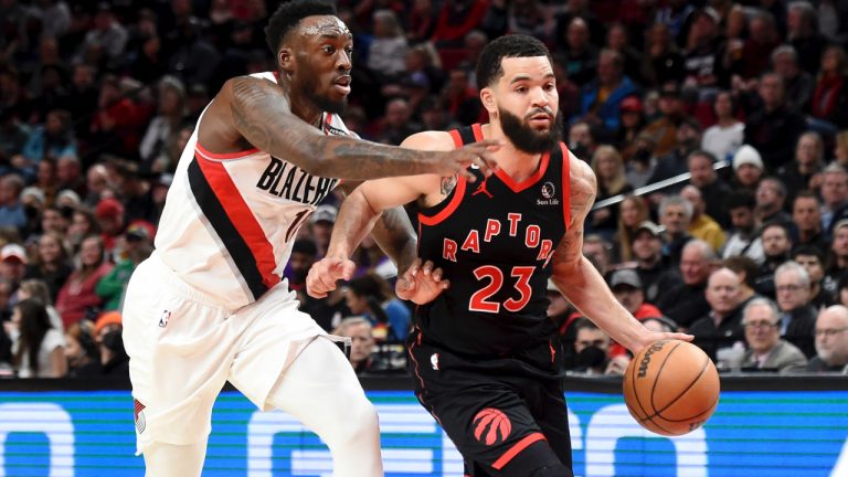 Toronto Raptors guard Fred VanVleet, right, drives past Portland Trail Blazers forward Nassir Little during the first half of an NBA basketball game in Portland, Ore., Saturday, Jan. 28, 2023. (Steve Dykes/AP)