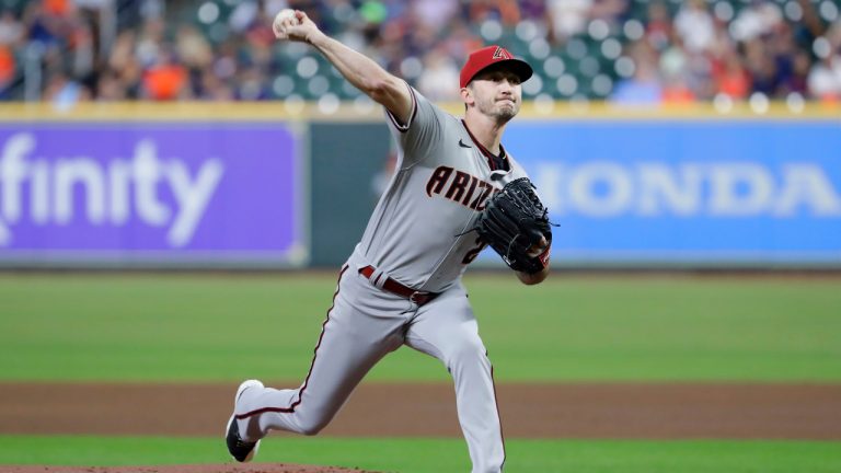 Arizona Diamondbacks starting pitcher Zach Davies throws against the Houston Astros during the first inning of a baseball game Tuesday, Sept. 27, 2022, in Houston. (Michael Wyke/AP)