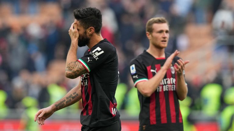 AC Milan's Olivier Giroud reacts after losing a Serie A soccer match between AC Milan and Sassuolo at the San Siro stadium in Milan. (Antonio Calanni/AP)