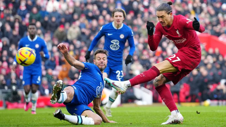 Liverpool's Darwin Nunez takes a shot at goal during the English Premier League soccer match between Liverpool and Chelsea at Anfield stadium in Liverpool, England, Saturday, Jan. 21, 2023. (AP Photo/Jon Super)