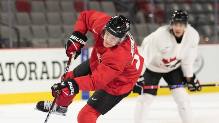 Ethan Del Mastro shoots during the Canadian World Junior Hockey Championships selection camp in Moncton, N.B., Friday, December 9, 2022. (Ron Ward/THE CANADIAN PRESS)