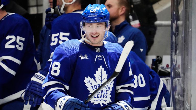 Toronto Maple Leafs' Joey Anderson (28) celebrates his goal against the Anaheim Ducks during third period NHL hockey action in Toronto on Tuesday, December 13, 2022. (Frank Gunn/CP)