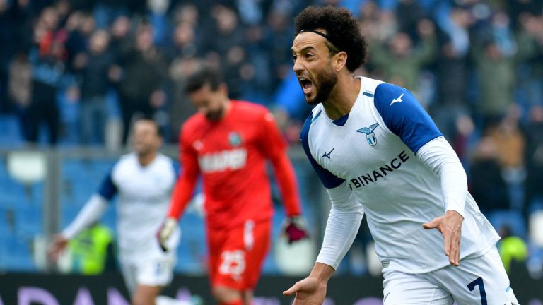 Felipe Anderson of SS Lazio celebrates a second goal with his team mates during the Serie A match between US Sassuolo and SS Lazio at Mapei Stadium - Citta' del Tricolore on January 15, 2023 in Reggio nell'Emilia, Italy. (Marco Rosi - SS Lazio/Getty Images)