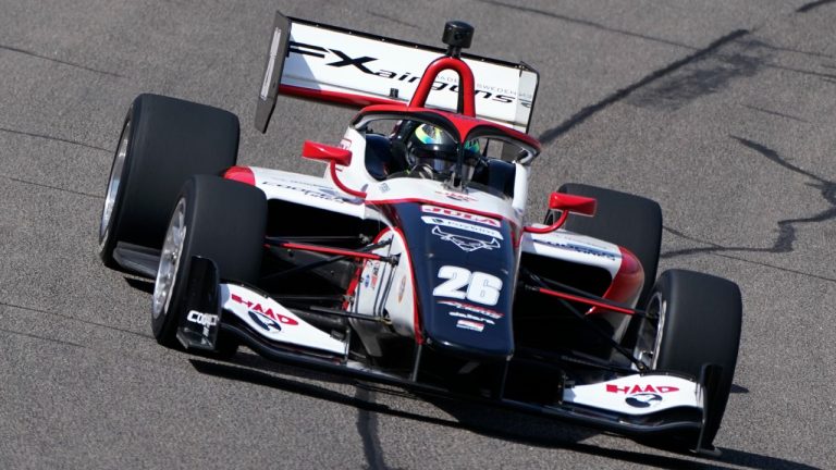 Linus Lundqvist, of Sweden, drives during the Indy Lights Series auto race, Saturday, July 23, 2022, at Iowa Speedway in Newton, Iowa. (Charlie Neibergall/AP)