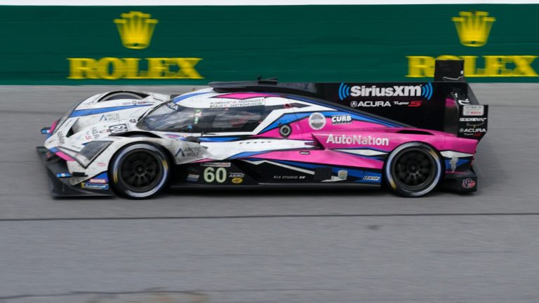 Simon Pagenaud, of France, drives the Acura ARX-06 through the front stretch during the Rolex 24 hour auto race at Daytona International Speedway, Sunday, Jan. 29, 2023, in Daytona Beach, Fla. (John Raoux/AP)