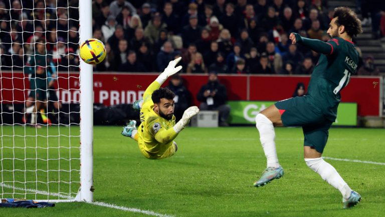 Liverpool's Mohamed Salah, right, misses a chance to score during the English Premier League soccer match between Brentford and Liverpool at the Gtech Community Stadium in London, Monday, Jan. 2, 2023. (Ian Walton/AP)