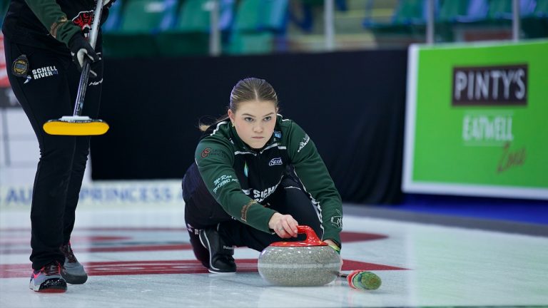 Team Ackland skip Meaghan Walter fires a rock during Draw 6 action in the Co-op Canadian Open on Jan. 11, 2023, in Camrose, Alta. (Anil Mungal/GSOC)