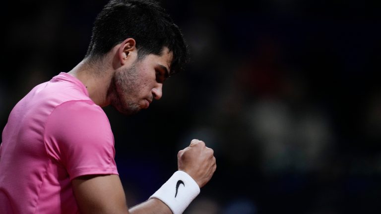 Carlos Alcaraz of Spain reacts after defeating Dusan Lajovic of Serbia at the end of their Argentina Open ATP quarterfinals match, in Buenos Aires, Argentina, Friday, Feb. 17, 2023. (Natacha Pisarenko/AP)