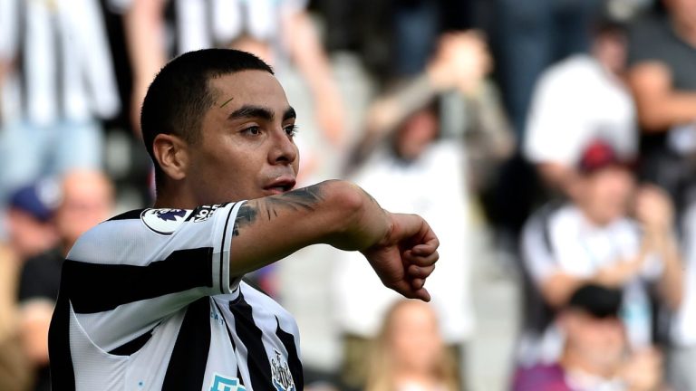 Newcastle's Miguel Almiron celebrates after scoring his sides first goal during the English Premier League soccer match between Newcastle United and Manchester City at St James Park in Newcastle, England, Sunday, Aug. 21, 2022. (Rui Vieira/AP Photo)