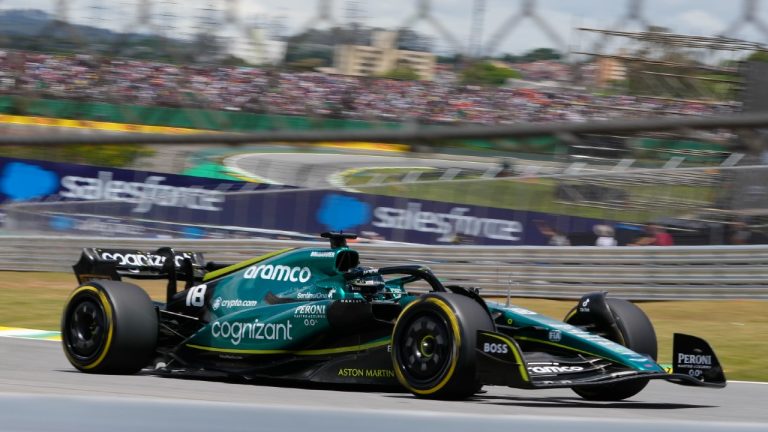 Aston Martin driver Lance Stroll, of Canada, steers his car during the second practice session at the Interlagos race track in Sao Paulo, Brazil, Saturday, Nov. 12, 2022. The Brazilian Formula One Grand Prix will take place on Sunday. (Andre Penner/AP)