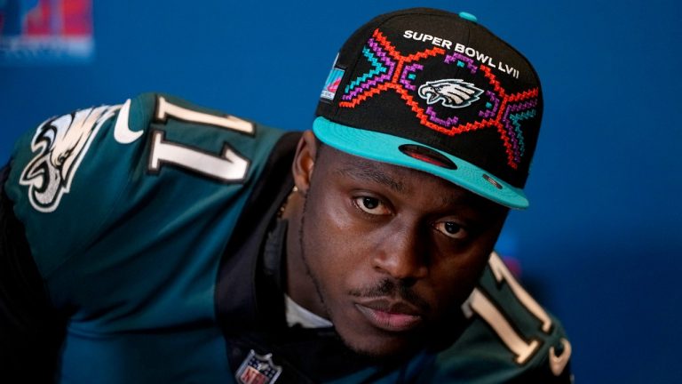 Philadelphia Eagles wide receiver A.J. Brown listens to a question during an NFL football Super Bowl team availability, Wednesday, Feb. 8, 2023, in Phoenix. The Eagles will face the Kansas City Chiefs in Super Bowl 57 Sunday. (Matt York/AP Photo)