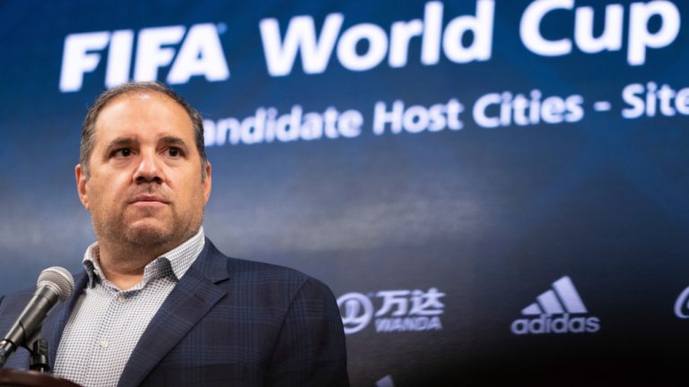 Victor Montagliani, FIFA vice-president and CONCACAF president, takes a question during a press conference Friday afternoon, Sept. 17, 2021 at Mercedes-Benz Stadium in Atlanta. Officials were touring the stadium as part of the FIFA World Cup 2026 Candidate Host City Tour. (Ben Gray/AP) 
