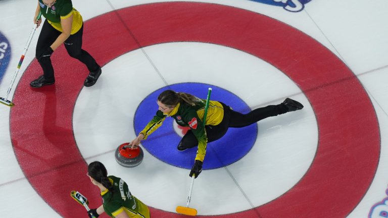 Northern Ontario skip Krista McCarville delivers a rock while playing New Brunswick at the Scotties Tournament of Hearts, in Kamloops, B.C., Monday, Feb. 20, 2023. THE CANADIAN PRESS/Darryl Dyck