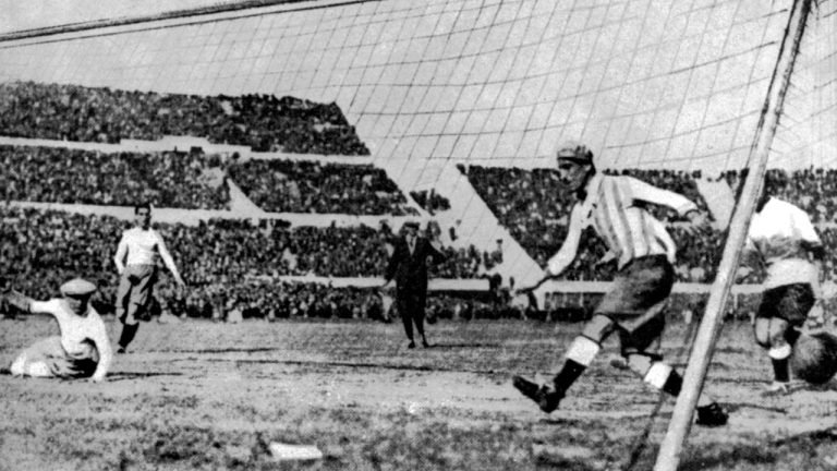 Uruguay's first goal in the World Cup final soccer match against Argentina, in Montevideo, Uruguay on July 30, 1930. Uruguay defeated Argentina by four goals to two. (AP Photo/File) 
