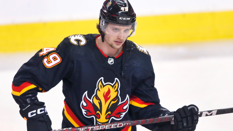 NHL profile photo on Calgary Flames player Jakob Pelletier at a game against the Tampa Bay Lightning in Calgary, Alta., on Jan. 21, 2023. (CP)