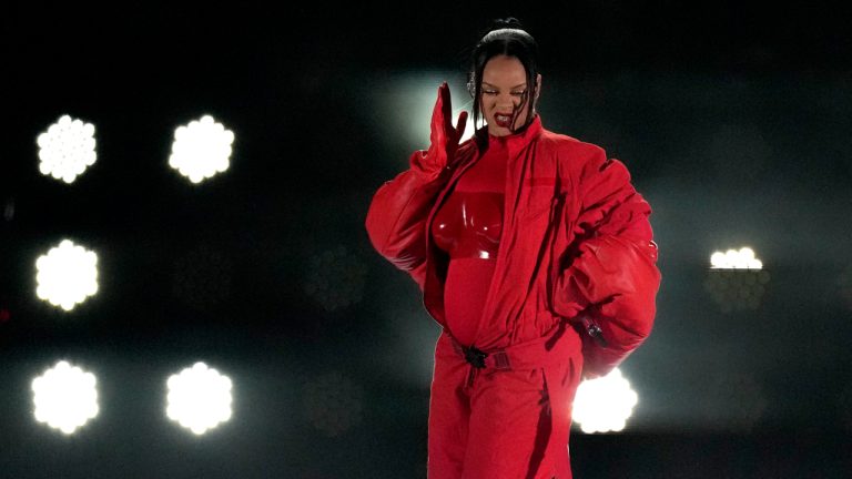 Recording artist Rihanna performs at halftime during the NFL Super Bowl 57 football game between the Kansas City Chiefs and the Philadelphia Eagles. (Charlie Riedel/AP)