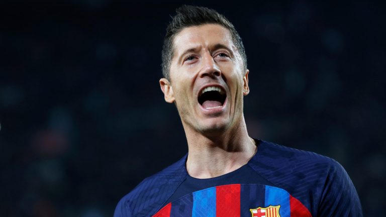 Barcelona's Robert Lewandowski celebrates after scoring his side's second goal during the Spanish La Liga soccer match between Barcelona and Cadiz CF at the Camp Nou stadium in Barcelona, Spain, Sunday, Feb. 19, 2023. (Joan Monfort/AP)