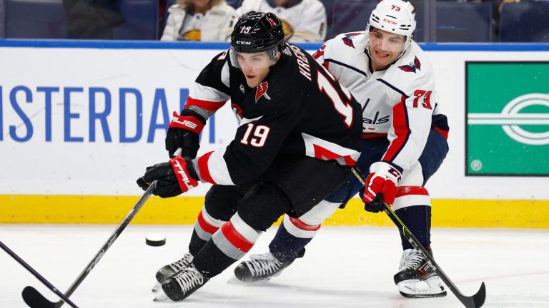 Buffalo Sabres centre Peyton Krebs (19) and Washington Capitals left wing Conor Sheary (73) battle for the puck during the first period of an NHL hockey game, Sunday, Feb. 26, 2023, in Buffalo, N.Y. (Jeffrey T. Barnes/AP) 