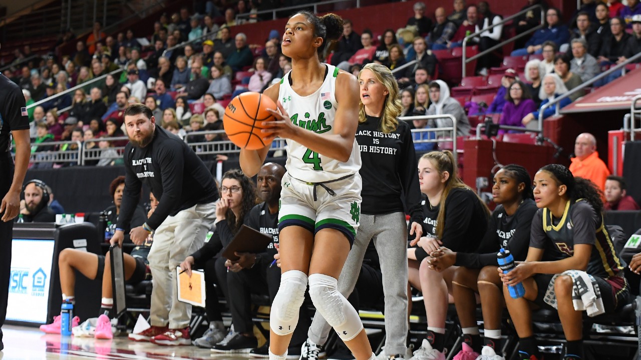 Notre Dame Fighting Irish guard Cassandre Prosper (4) sets up to shoot a three point shot during a game between the Notre Dame Fighting Irish and the Boston College Eagles. (Erica Denhoff/Icon Sportswire via Getty Images)