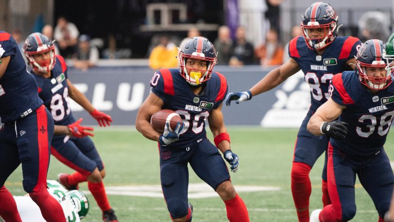 Montreal Alouettes' Chandler Worthy breaks away to run in for touchdown against the Saskatchewan Roughriders during first half CFL football action in Montreal, Thursday, June, 23, 2022. (Graham Hughes/CP)