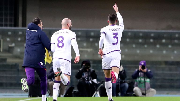 Fiorentina's Cristiano Biraghi, right, celebrates scoring during the Serie A soccer match between Hellas Verona and Fiorentina at Marcantonio Bentegodi Stadium. (Paola Garbuio/AP)