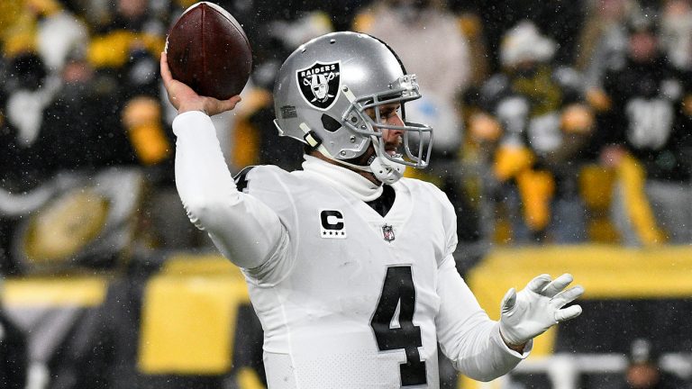 Las Vegas Raiders quarterback Derek Carr throws a pass during the first half of an NFL football game against the Pittsburgh Steelers in Pittsburgh, Saturday, Dec. 24, 2022. (Don Wright/AP)