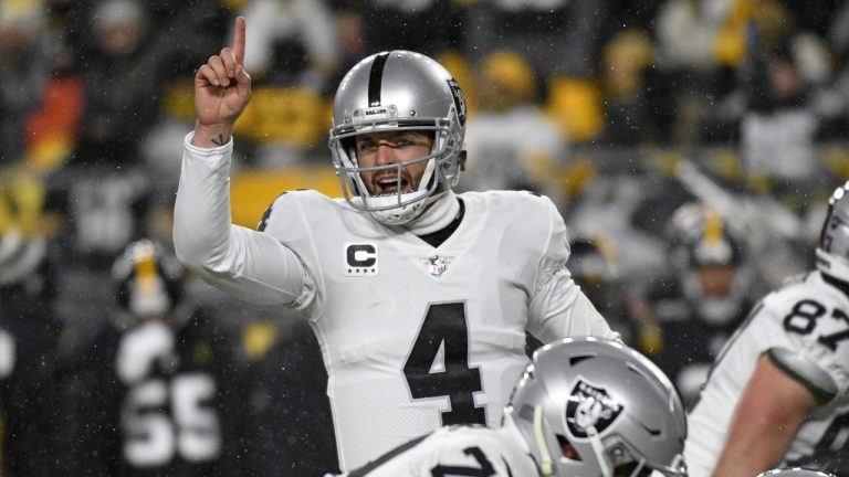 Las Vegas Raiders quarterback Derek Carr (4) calls signals during the first half of an NFL football game against the Pittsburgh Steelers in Pittsburgh, Saturday, Dec. 24, 2022. (Don Wright/AP)
