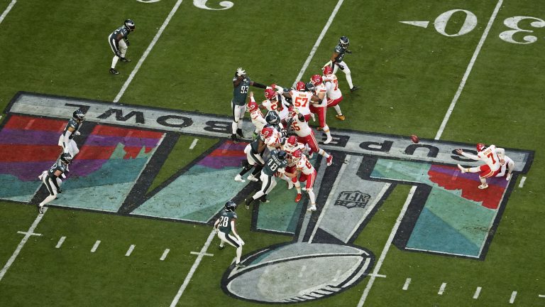 Kansas City Chiefs place kicker Harrison Butker (7) unsuccessfully attempts a field goal against the Philadelphia Eagles during the first half of the NFL Super Bowl 57 football game, Sunday, Feb. 12, 2023, in Glendale, Ariz. (David J. Phillip/AP)