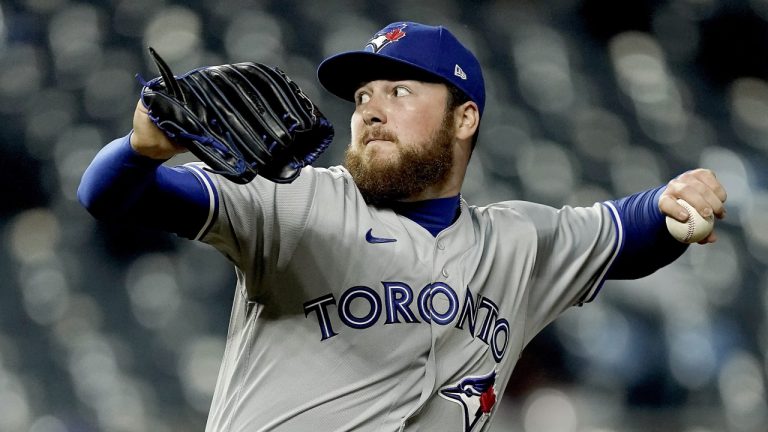 Toronto Blue Jays relief pitcher Matt Gage throws during the ninth inning of a baseball game against the Kansas City Royals Tuesday, June 7, 2022, in Kansas City, Mo. The Blue Jays won 8-0. (Charlie Riedel/AP)