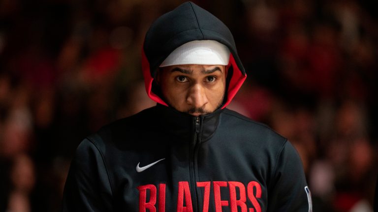 Portland Trail Blazers guard Gary Payton II stands for "Lift Every Voice and Sing" before an NBA basketball game against the Chicago Bulls Saturday, Feb. 4, 2023, in Chicago. (Erin Hooley/AP)