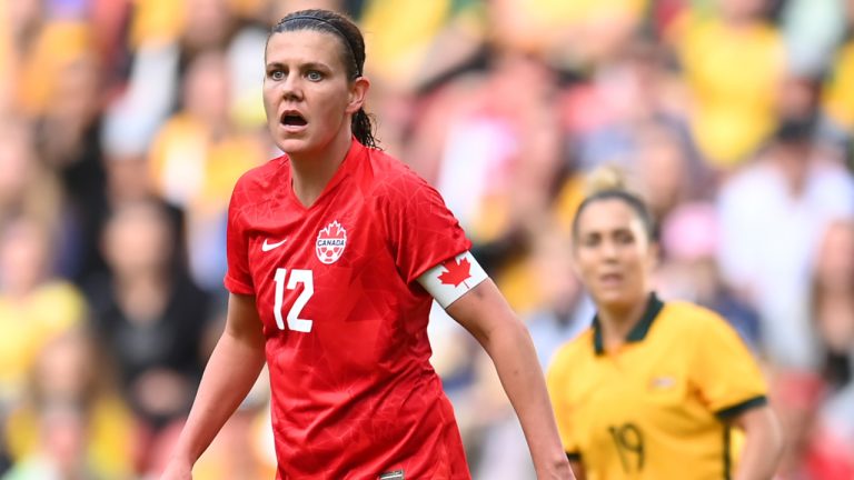 Christine Sinclair of Canada reacts during the International Women's Friendly match between the Australia Matildas and Canada at Suncorp Stadium. (Albert Perez/Getty)