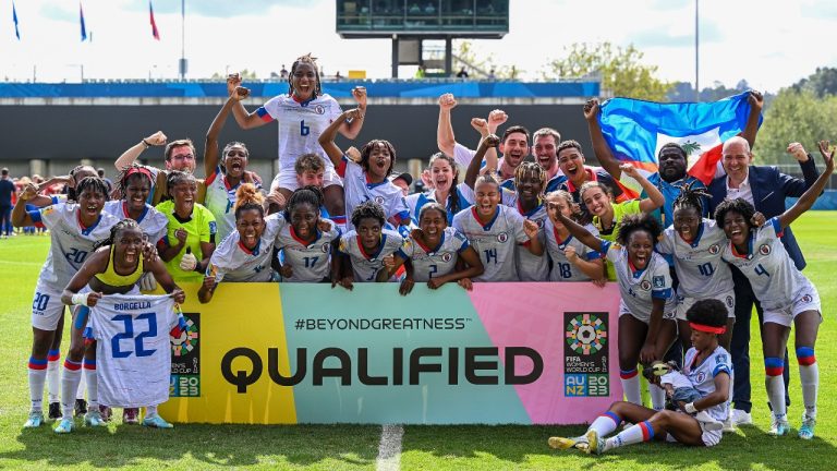 Haiti players celebrate after defeating Chile in their FIFA women's World Cup qualifier in Auckland, New Zealand, Wednesday, Feb. 22, 2023. (Andrew Cornaga/AP)