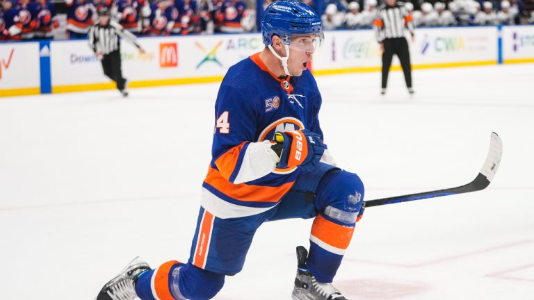 New York Islanders' Bo Horvat celebrates after scoring a goal against the Vancouver Canucks during the second period of an NHL hockey game Thursday, Feb. 9, 2023, in Elmont, N.Y. (Frank Franklin II/AP)