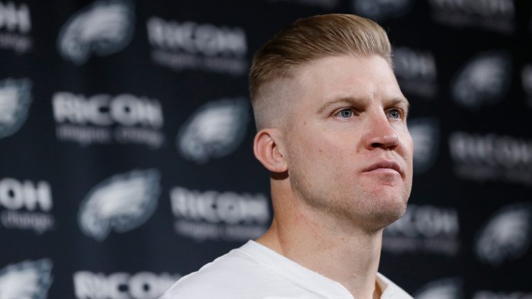 FILE - Philadelphia Eagles' Josh McCown speaks during a news conference after an NFL wild-card playoff football game against the Seattle Seahawks, Jan. 5, 2020, in Philadelphia. McCown played quarterback for 12 teams across nearly two decades in the NFL, and learned a different offense almost every season. He looks forward to sharing his knowledge and experience as a coach. (Michael Perez/AP)