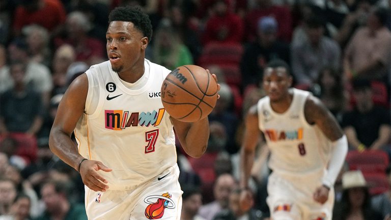 Miami Heat guard Kyle Lowry brings the ball up the court against the Washington Wizards during the first half of an NBA basketball game, Wednesday, Nov. 23, 2022, in Miami. (Jim Rassol/AP)
