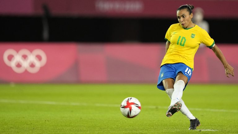 Brazil's Marta kicks in a penalty shootout during a women's quarterfinal soccer match against Canada at the 2020 Summer Olympics, Friday, July 30, 2021, in Rifu, Japan. (Andre Penner/AP)