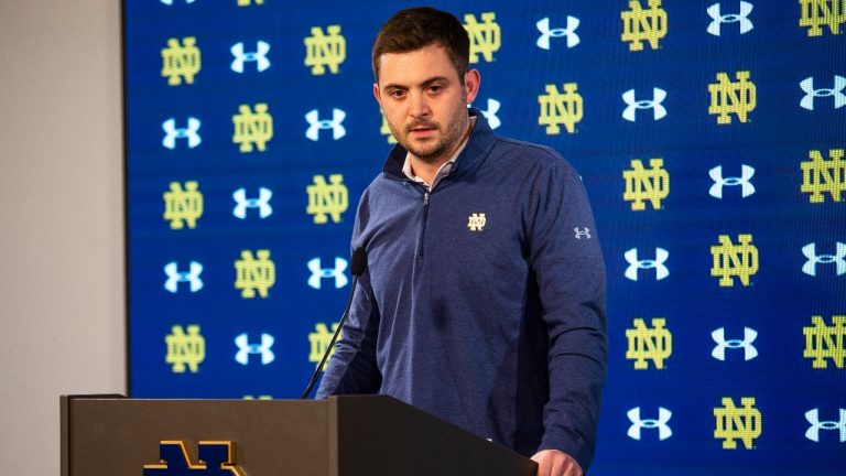 Former Notre Dame offensive coordinator Tommy Rees speaks during a media availability Wednesday, Feb. 16, 2022 at Notre Dame Stadium in South Bend, Ind. (Michael Caterina/South Bend Tribune via AP)