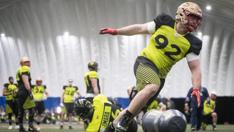 Vincent Desjardins of Quebec City takes part in on field tests during the CFL combine in Toronto, Sunday March 24, 2019. (Mark Blinch/CP)