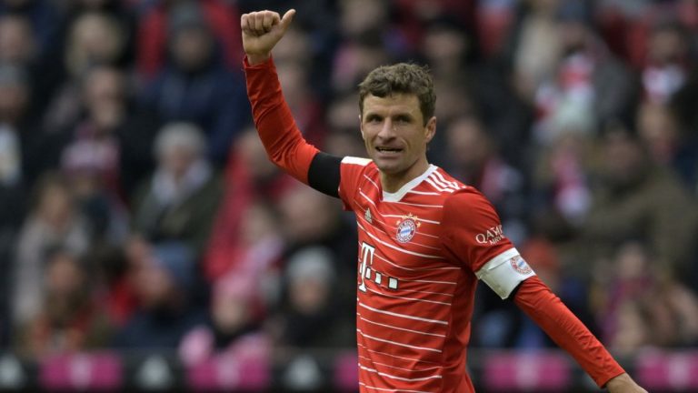 Bayern's Thomas Mueller reacts during the Bundesliga soccer match between Bayern Munich and VfL Bochum 1848 at the Allianz Arena in Munich, Germany, Saturday, Feb.11, 2023. (Andreas Schaad/AP)