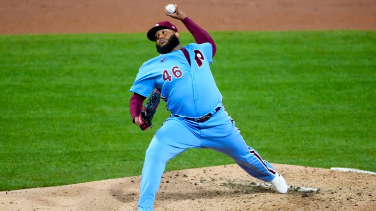 Philadelphia Phillies relief pitcher Jose Alvarado throws during the sixth inning in Game 5 of baseball's World Series between the Houston Astros and the Philadelphia Phillies on Thursday, Nov. 3, 2022, in Philadelphia. (Chris Szagola/AP)