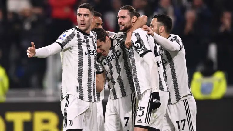 Juventus' Adrien Rabiot, second right, celebrates scoring a goal with teammates during the Serie A soccer match between Juventus and Fiorentina, at the Allianz stadium. (Fabio Ferrari/AP)
