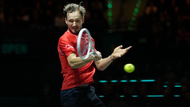 Russia's Daniil Medvedev plays a shot against Italy's Jannik Sinner during the men's final tennis match of the ABN AMRO tournament at the Ahoy Arena in Rotterdam, Netherlands, Sunday, Feb. 19, 2023. (Peter Dejong/AP)