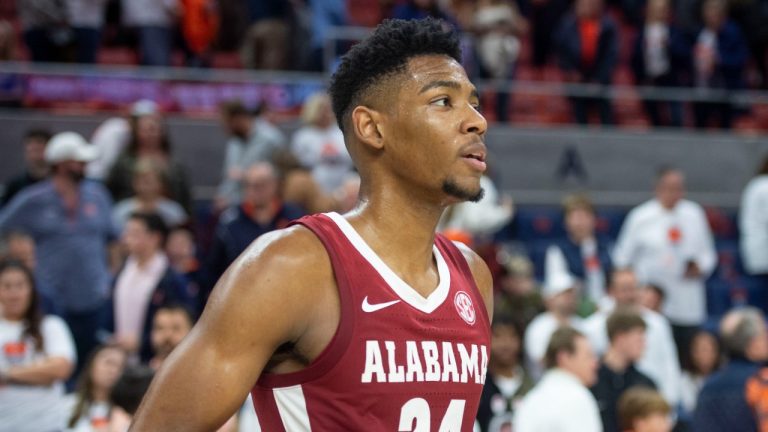 Brandon Miller #24 of the Alabama Crimson Tide after defeating the Auburn Tigers at Neville Arena on February 11, 2023 in Auburn, Alabama. (Michael Chang/Getty Images)