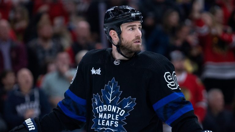 Toronto Maple Leafs center Ryan O'Reilly looks back after Chicago Blackhawks right wing Patrick Kane scored a hat trick during the second period of an NHL hockey game Sunday, Feb. 19, 2023, in Chicago. (Erin Hooley/AP Photo)