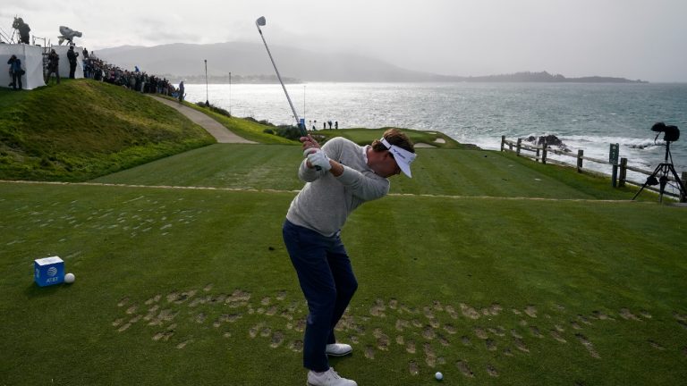 Keith Mitchell prepares to hit a drive on the 7th tee of the Pebble Beach Golf Links during the third round of the AT&T Pebble Beach Pro-Am golf tournament in Pebble Beach, Calif., Saturday, Feb. 4, 2023. (Godofredo A. Vásquez/AP)