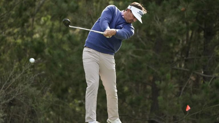 Hank Lebioda hits from the 18th tee of the Monterey Peninsula Country Club Shore Course during the first round of the AT&T Pebble Beach Pro-Am golf tournament in Pebble Beach. (Eric Risberg/AP)