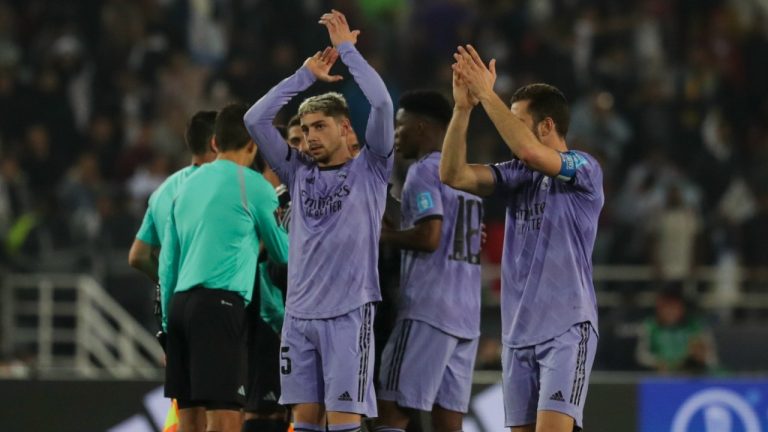 Real players celebrate after the the FIFA Club World Cup semi final match between Al Ahly and Real Madrid at Prince Moulay Abdellah stadium in Rabat, Morocco, Wednesday, Feb. 8, 2023.